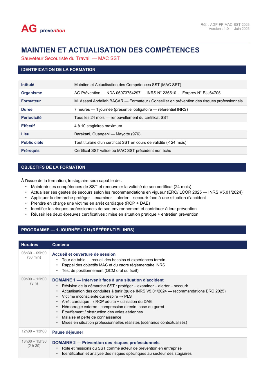 Aperçu de la fiche Maintien et actualisation des compétences SST