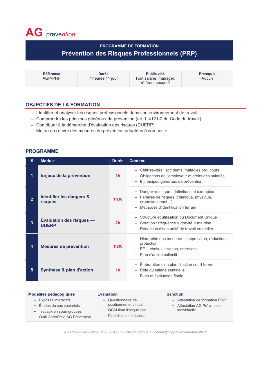 Aperçu de la fiche Prévention des Risques Professionnels (PRP)